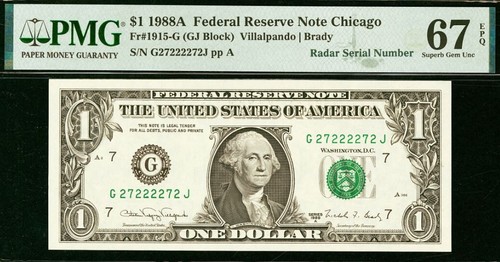 1988A $1 FRN PMG 67 EPQ & 66 EPQ Set - Fancy Radar Serial 27222272 & 22277222 - Picture 2 of 5