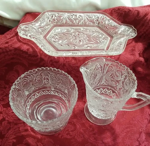 Duncan & Miller Clear Early American Footed Sandwich Glass Creamer, Open Sugar &
