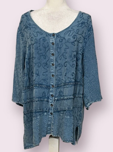 Catherines Women's Top Button Front Chambray 3/4 Sleeve Embroidered Size 2X