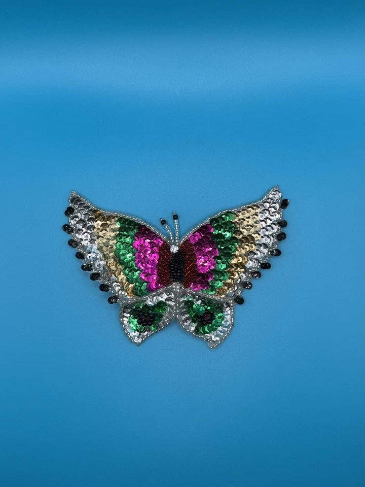 Beaded Sequin Radiant Rhinestone Butterfly Colorful Appliqué Patch Pin Brooch - Image 2 of 4