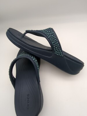 Crocs Monterey Diamante Blue Slip On Sandals Wedge Heel Flip