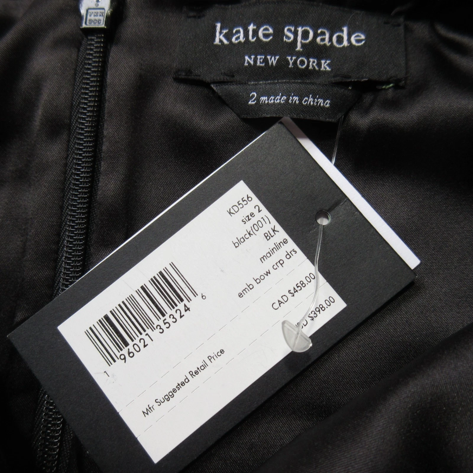 Abito nuovo con etichette Kate Spade New York impreziosito fiocco crepe cambio in nero strass 2