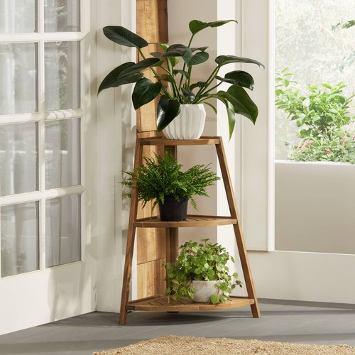 Farmhouse Wood Three-Shelf Triangle Outdoor Plant Stand 25" Wide Brown Patio
