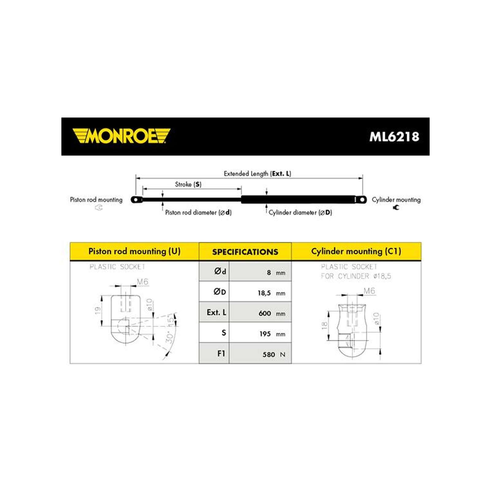 Genuine Monroe Rear Boot Spring Gas Strut (Single) - ML6218