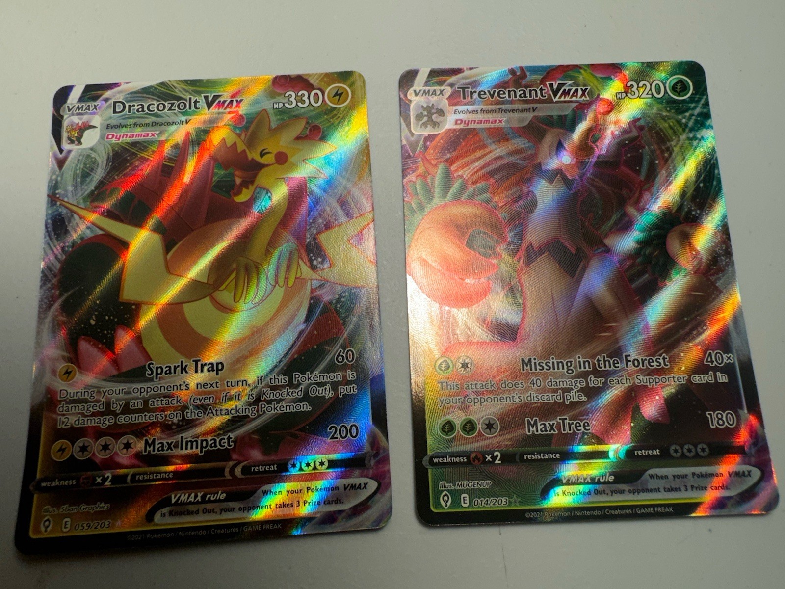 Pokemon TCG Evolving Skies Trevenant VMAX #14 & Dragonite VMAX #59 Holo Lot (2) 