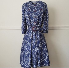 VTG Whirlaway Dress 12 Floral Belted Fit Flare Paisley Blue White USA Made