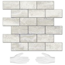 10-Sheet Subway Tile Cream Peel and Stick Backsplash, Beige Stone Texture wit...