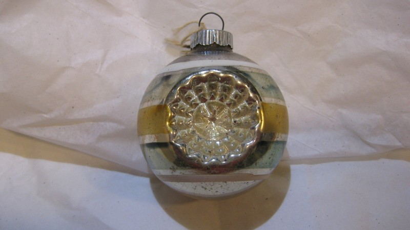 Vintage Christmas Shiny Brite Glass double Indent Ornament Blue Gold Stripes
