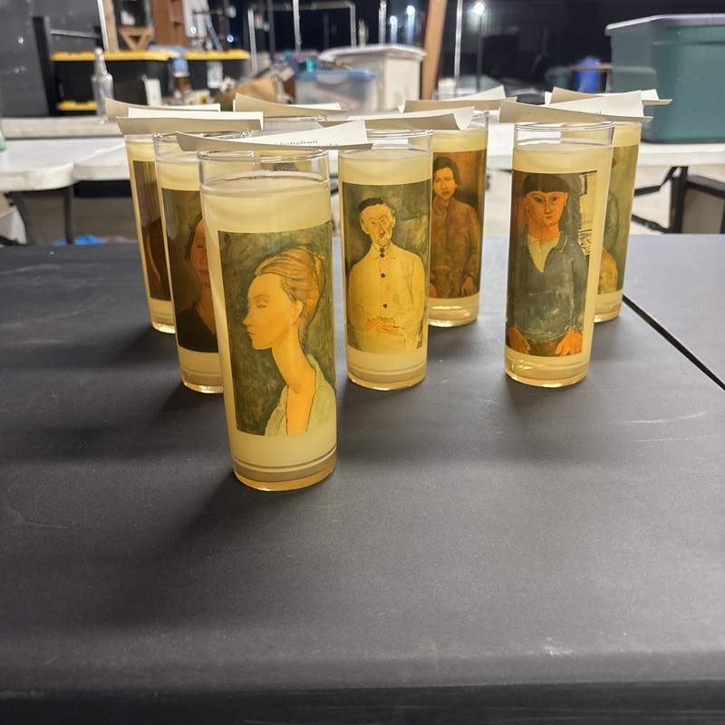 Set Of 8, Amedeo Modigliani Barware Highball Glasses With ID Cards In Them