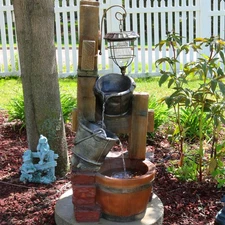 Rustic Pouring Buckets Water Fountain and Solar Lantern - 34 in by Sunnydaze