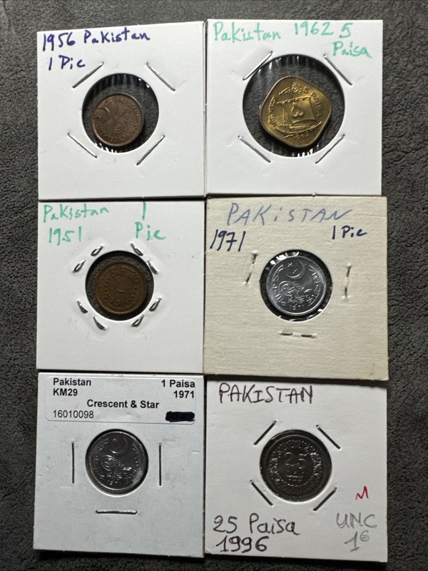 1956,51,62,71,71,96 Pakistan Pie & Paisa 6 Coin Lot. 1,5,25 Pie & Paisa
