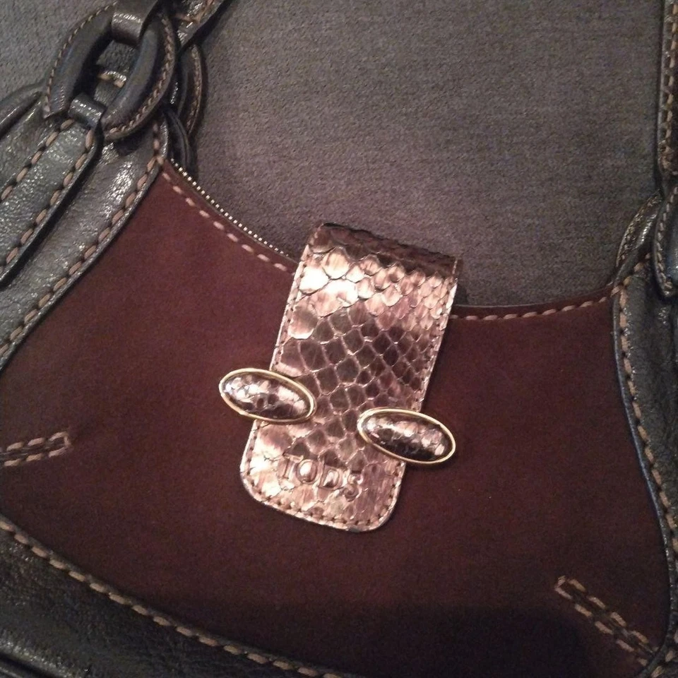 TOD'S Bolso de Mano Cartera Cuero Gamuza Marrón Oscuro Auténtico Foto 2 de 4