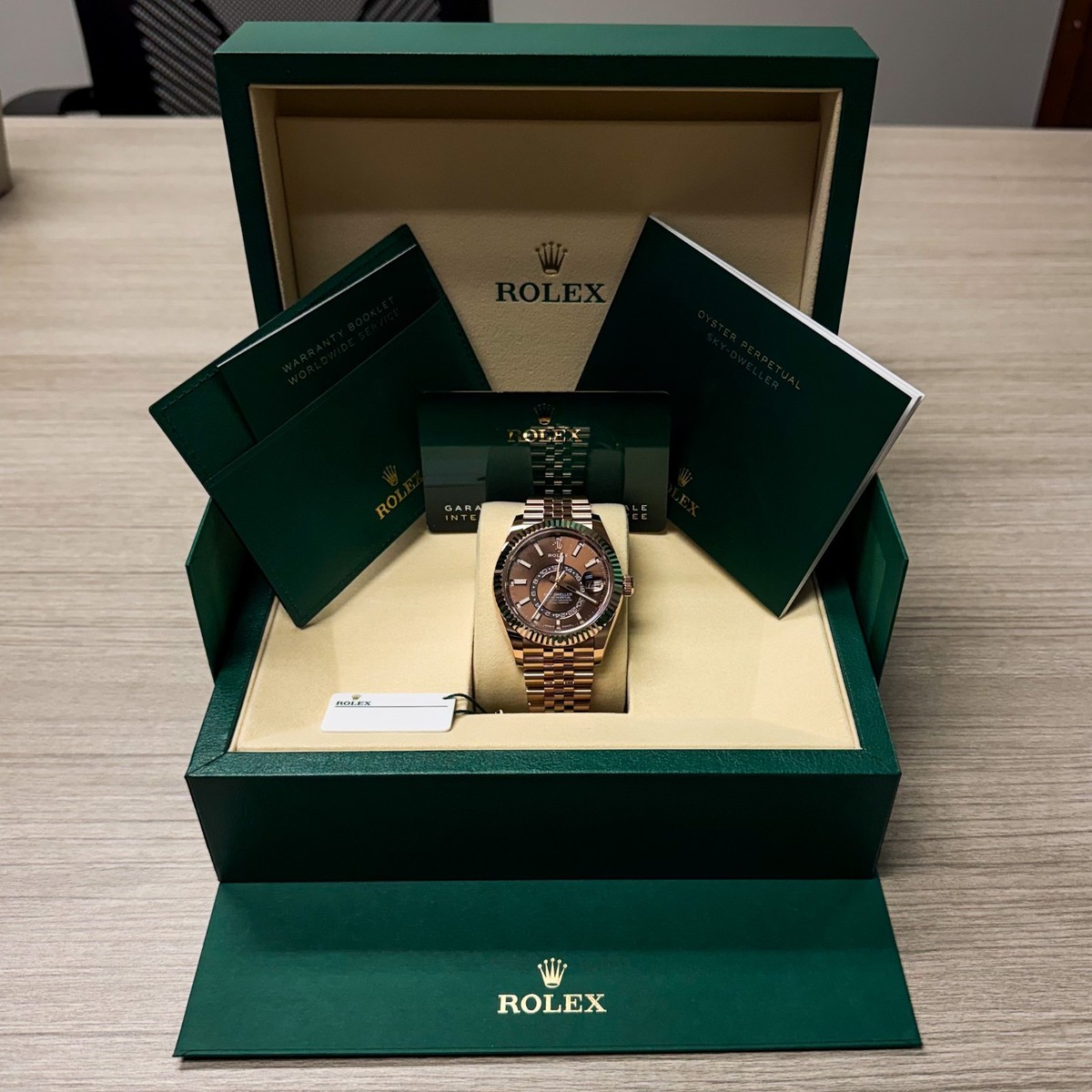 Rolex Sky Dweller Rose Gold Chocolate Dial Jubilee Brand New