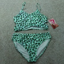 Kanu Surf Swimsuit Girls 16 Green Leopard 2 Piece Wrap Around Bikini Swim 9563