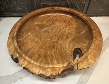 Gorgeous Hand Turned Maple Burl Round Tray With Live Edge Open Knot, Signed
