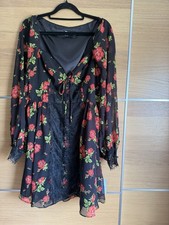 ASOS Size 10 Black Red Rose  Floral Eyelash Lace Insert Skater Mini Dress BC4