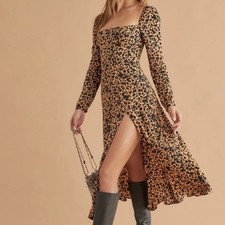 Reformation Sigmund Square Neck Maxi Dress Slit Puff Long Sleeve Blitz Leopard 0