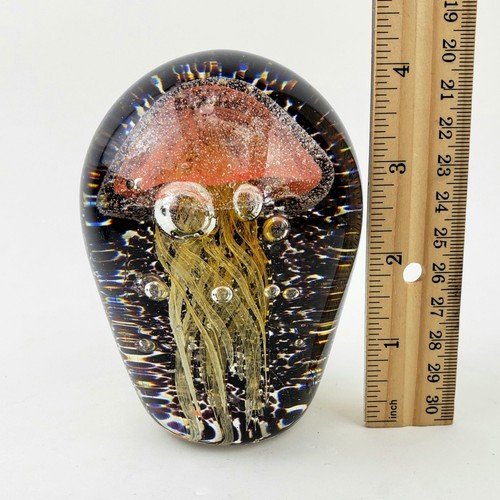 Vintage Art Glass Orange Jellyfish Paperweight Sculpture w Bubbles Ocean Decor - Picture 7 of 10