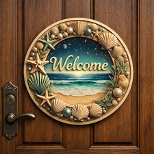 Ocean Shells Welcome Sign Beach House Decor Aluminum 10" 12" Outdoor Waterproof