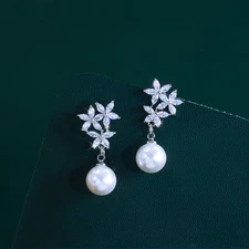 White Gold Plated Cubic Zirconia Amerian Crystal Flowers Drop Pearl Earrings