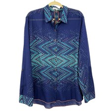 Johnny Was 3J Workshop Blouse Silk Blend Button Up Roll Tab Blue XL Geometric
