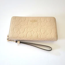 Coach CCL35 Long Zip Around Wallet Debossed Signature Pebbled Leather Oat