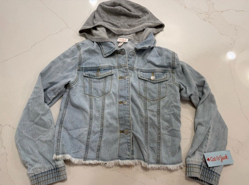 Girls Denim Jacket Hooded Snap Button Up XL (14) 