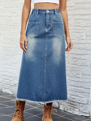Buttoned Denim Skirt with Raw Hem and Handy Pockets
