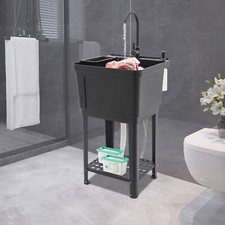 Modern Utility Sink Garage Bathroom Laundry Sink W/ Soap Box Storage Rack Faucet