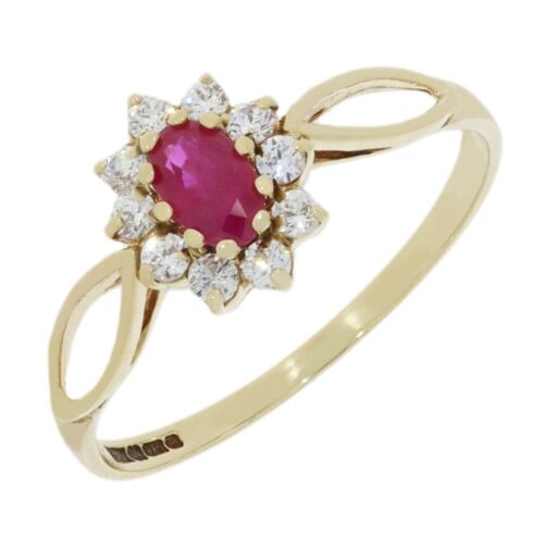 Ruby and CZ Cluster Ring 9ct Yellow Gold Oval Ruby CH1183 RRP £150.00 - Zdjęcie 1 z 5