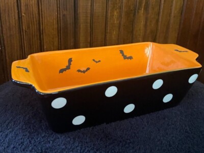 GRACE BAKE SHOP ORANGE BLACK WHITE POLKA DO SPIDER WEB HALLOWEEN BAKING LOAF PAN