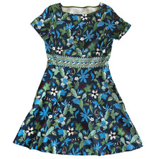 TORY BURCH Size Small Flare Garden Floral Paisley Wisteria Knit Dress Navy Green