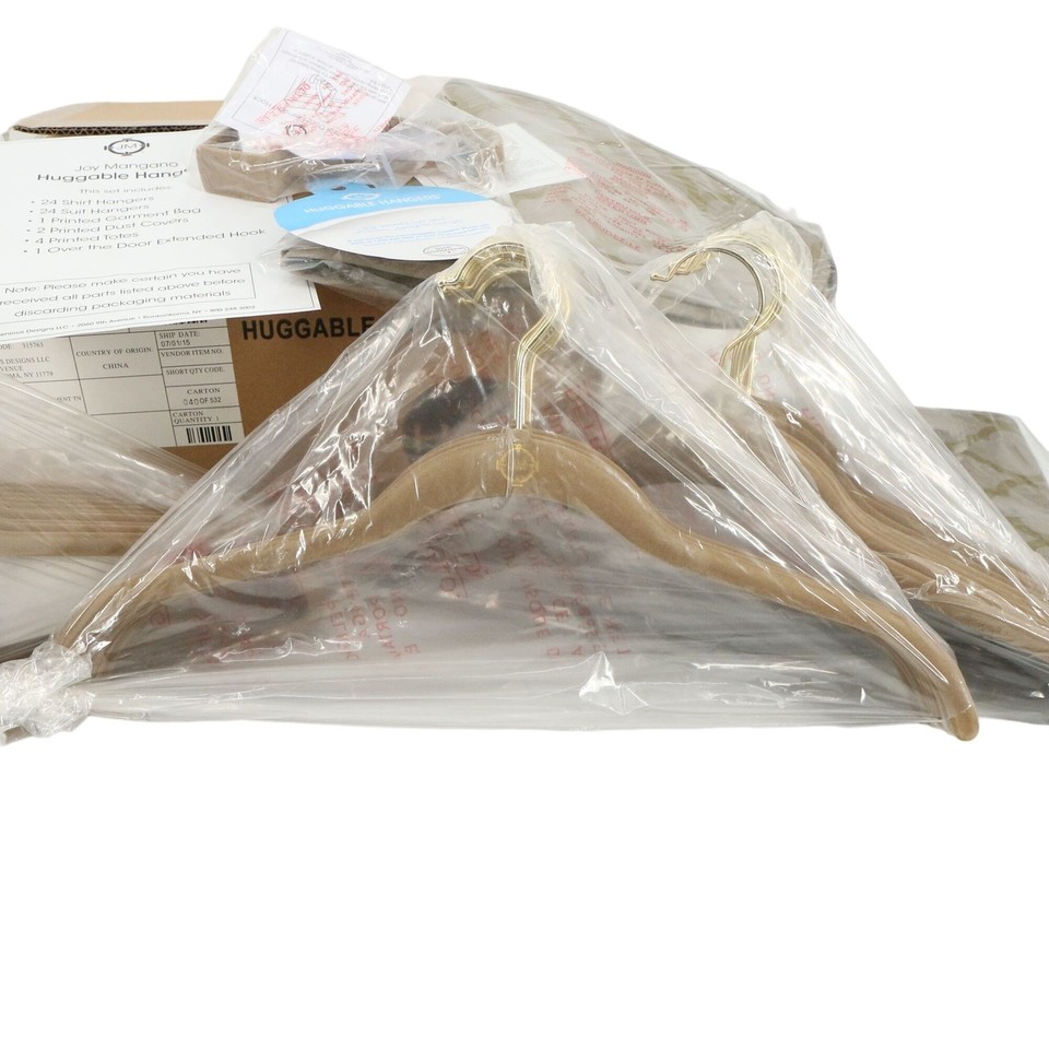New Joy Mangano JM HSN Huggable Hangers Brass Taupe Velvet Hanger Set