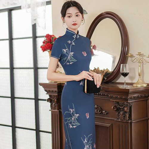 Chinese Traditional Silk Cheongsam Women Summer Blue Qipao Evening Party Dress - Picture 5 of 7