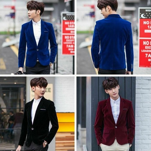 Men Velvet Notch Lapel Suit Jacket Blazer Tunic Top Coat Casual Smart Slim Fit - Afbeelding 1 van 13