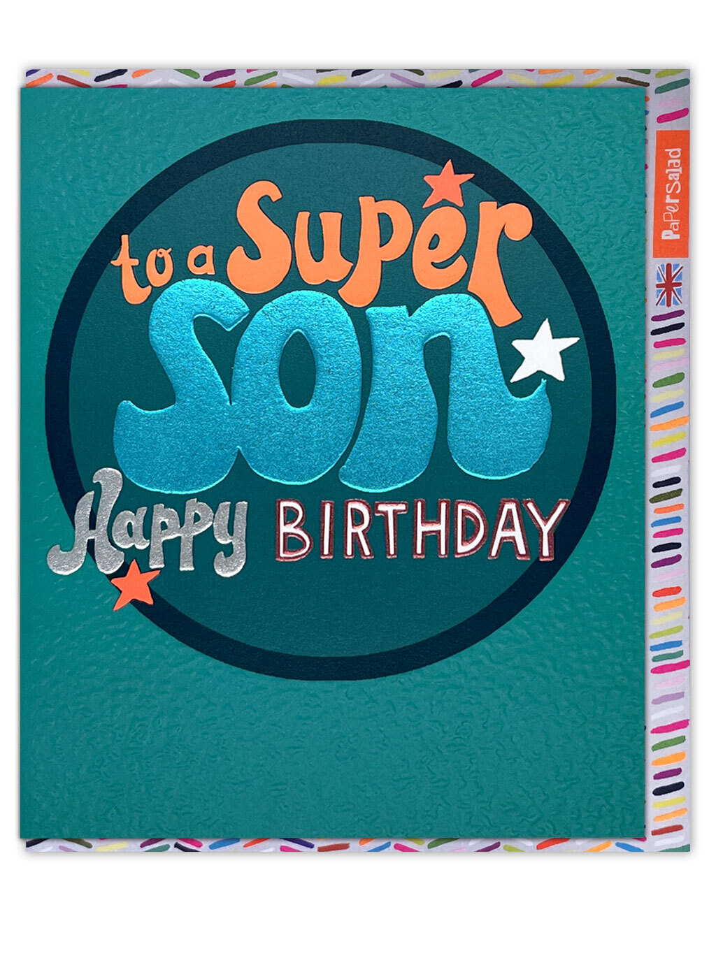 Happy Birthday Son Bright Neon Colourful Embossed Metallic Greetings Card