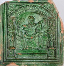 ORIGINALE RENAISSANCE ZIERKACHEL GR&Uuml;N GLASIERT OFEN KAMIN MUSIKERIN LAUTE 1650