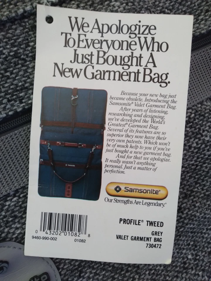Samsonite 1987 Nuevo de Lote Antiguo Perfil Tweed Gris Valet Bolsa de Ropa 730472 Nueva Etiqueta Legendaria Foto 3 de 4