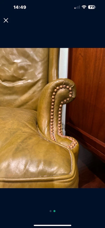 Винтажный антикварный зеленый кожаный стул середины века с высокой спинкой - Изображение 2 из 2