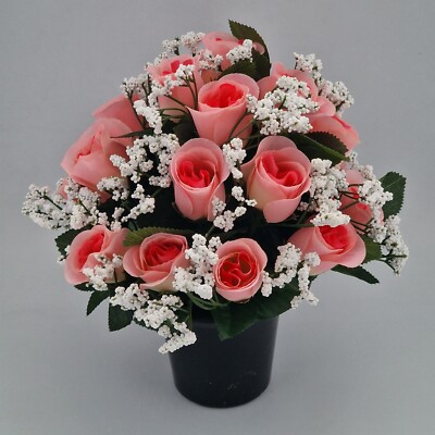 Künstliches Seidenblumengesteck 22 Köpfe Rosenknospe & Gyp rosa Grab Denkmal
