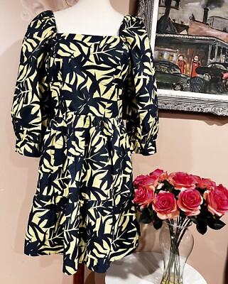 Ba Sh Winny Blue Bold Leaf  Retro Short Smocked Dress Size 3/L $285