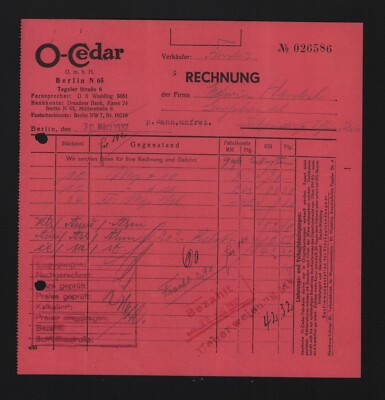 BERLIN, Rechnung 1937, O-Cedar GmbH O-Cedar-Fabrikate