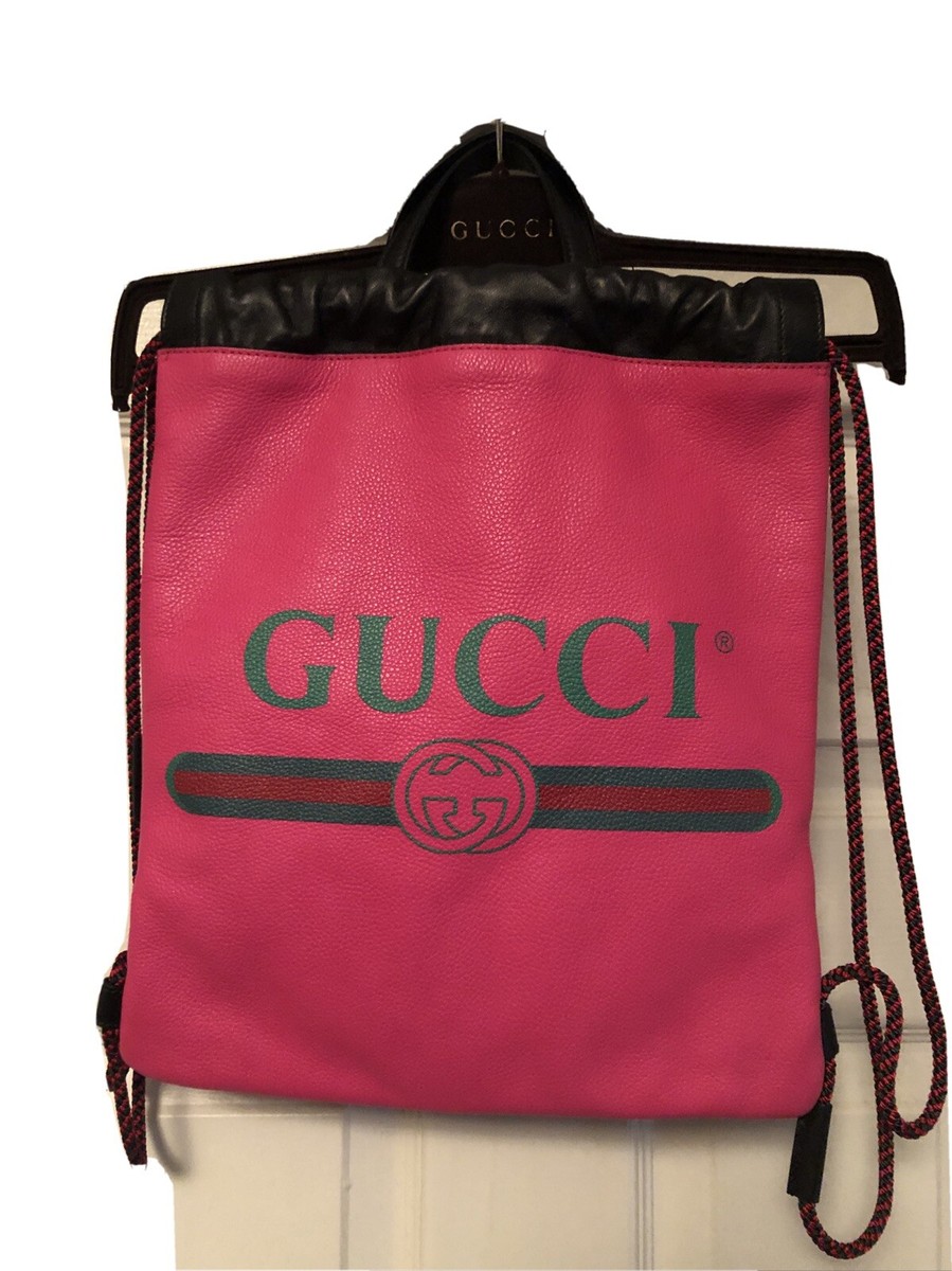 New Authentic GUCCI LOGO COULISSE Printed Pink LEATHER BACKPACK TOTE Bag