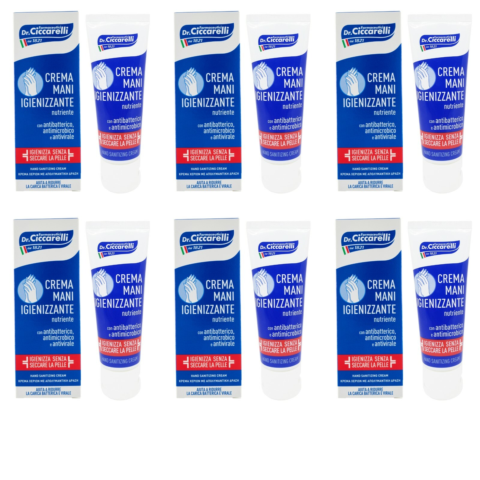 Pack 6 Crema Mani Ciccarelli Igienizzante 75ml Nutriente Senza Alcool
