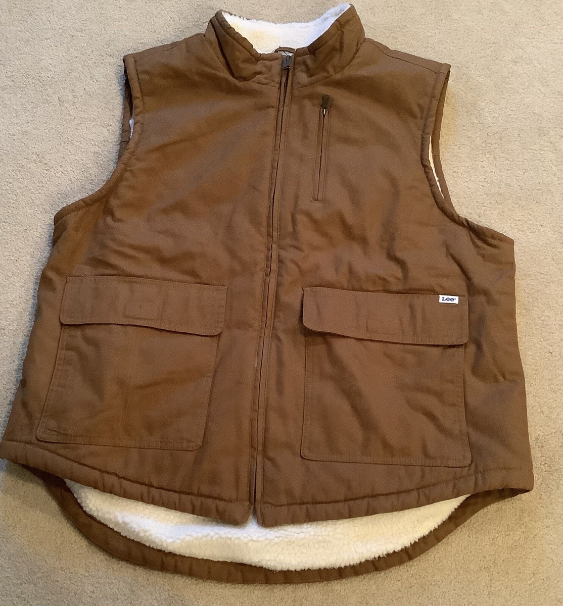 lee's tobacco Men's XL Zip-Up Tobacco Brown Sherpa Lined Lee Duck Canvas Workwear  Vest(144ia)