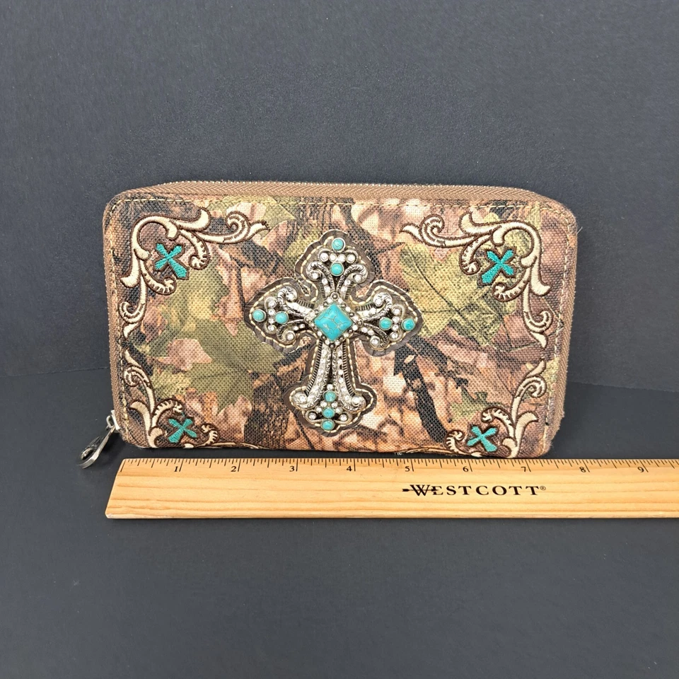 Montana West Brown Camo Leaves Embroidered Wallet Turquoise Colored Cross - Image 2 of 4