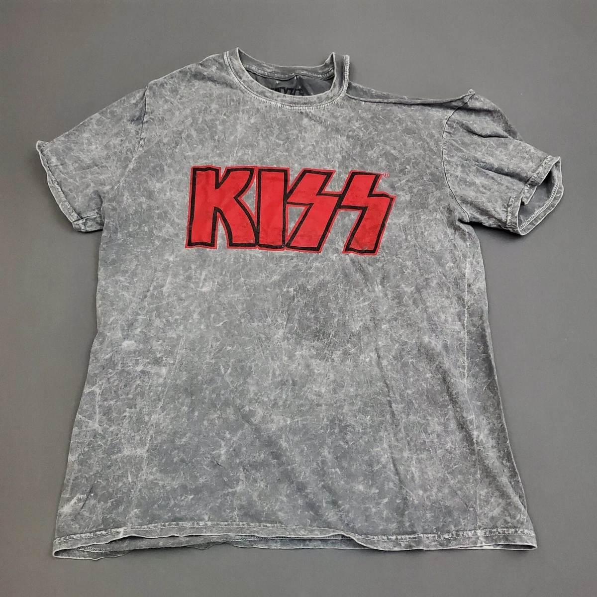 KISS Band Shirt Womens M Short Sleeve Off the Shoulder Spell Out Knit Gray Red