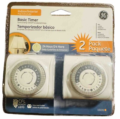 GE Indoor Plug In Basic Timer 2 Pack CFL Ready 24 Hour Programmable 15131 NEW 1