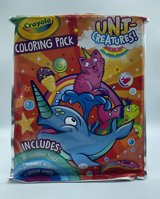 Crayola Coloring Pack UNI-CREATURES! 30 Pages, 5 Markers & 2 Sticker Sheets NEW