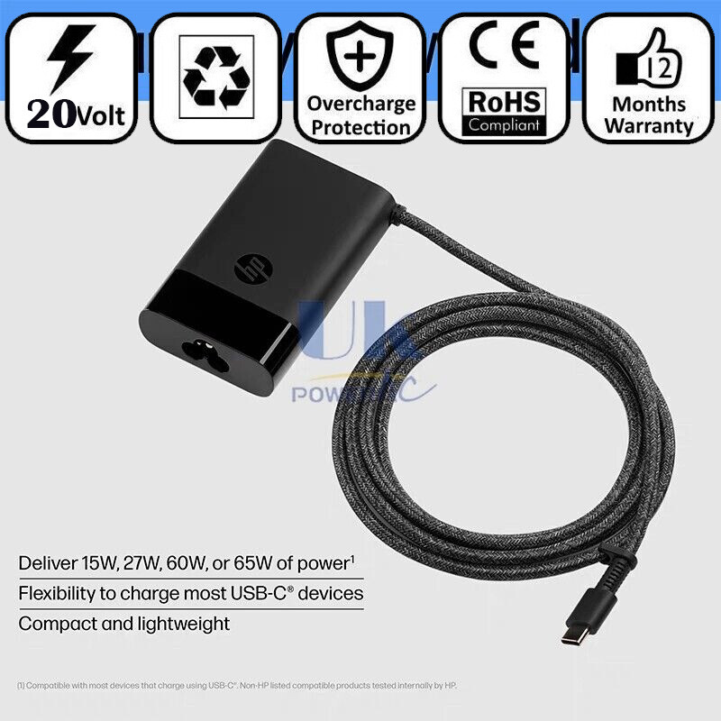 Caricatore Originale HP Spectre Folio 13 – 65W USB-C Con Spina UK (Aperto Mai Usato) - Foto 4